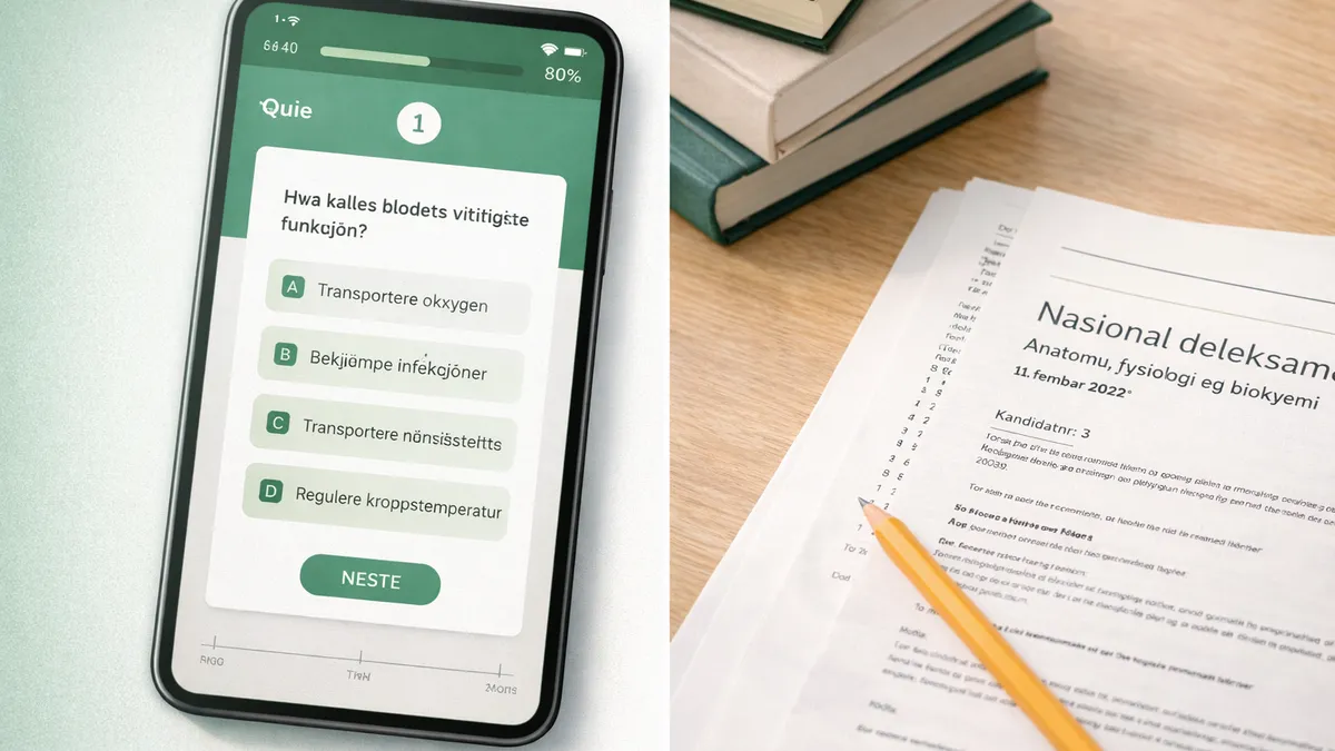 Delt bilde: digital app med quiz-spørsmål på venstre side og tradisjonelle lærebøker på høyre side