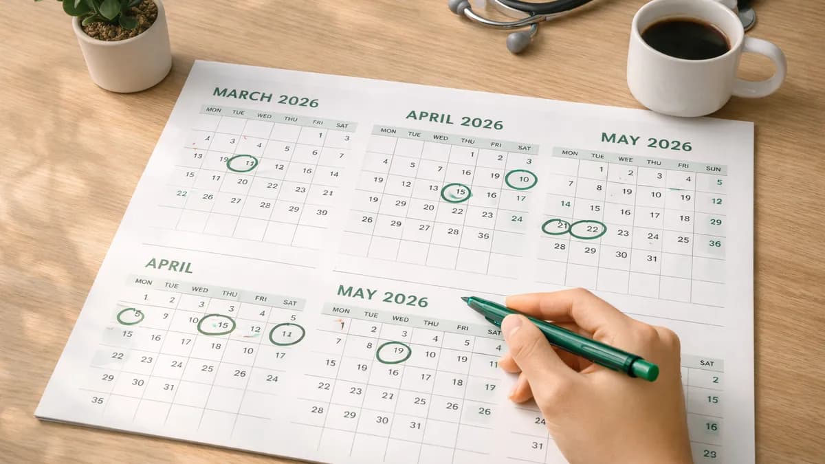 Kalender med markerte eksamensdatoer og en penn som peker på vårsemesteret 2026