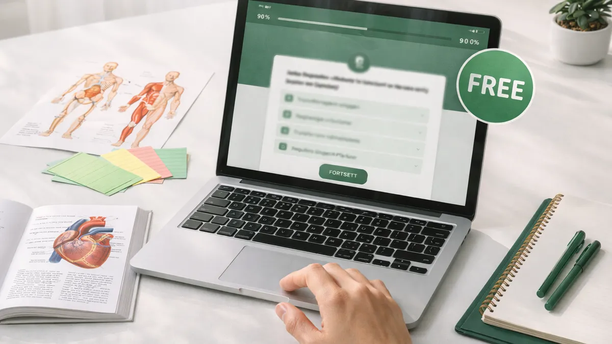 Sykepleierstudent som forbereder seg til anatomi eksamen med notatbok og laptop