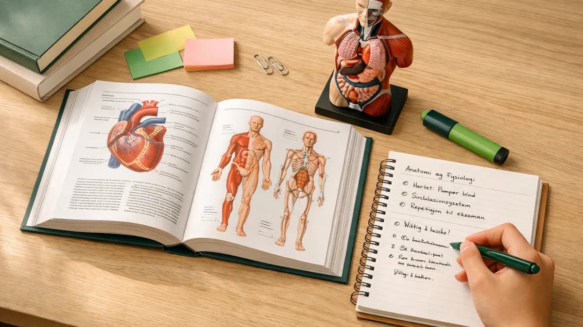 Sykepleierstudent som studerer anatomi med bøker og anatomisk modell på et ryddig skrivebord