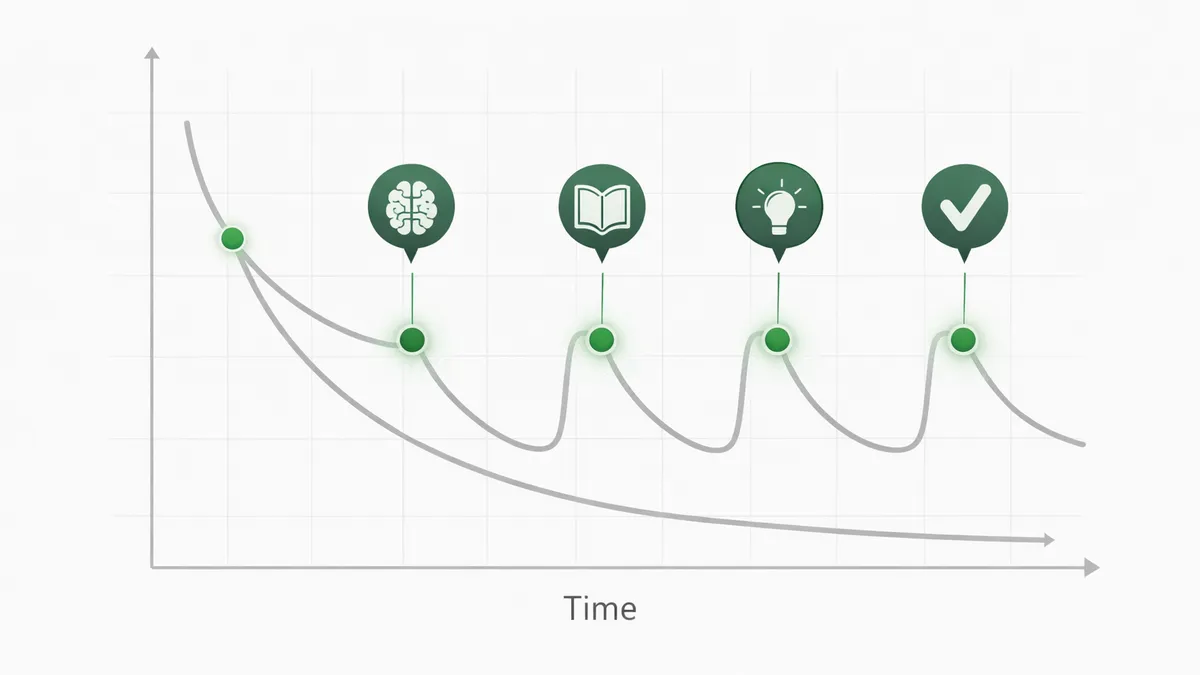 Illustrasjon av glemselskurven med repetisjonspunkter markert langs en tidslinje