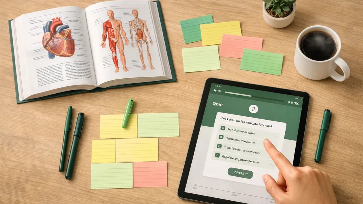 Organisert studieplass med fargerike notater, anatomisk atlas og en kopp kaffe